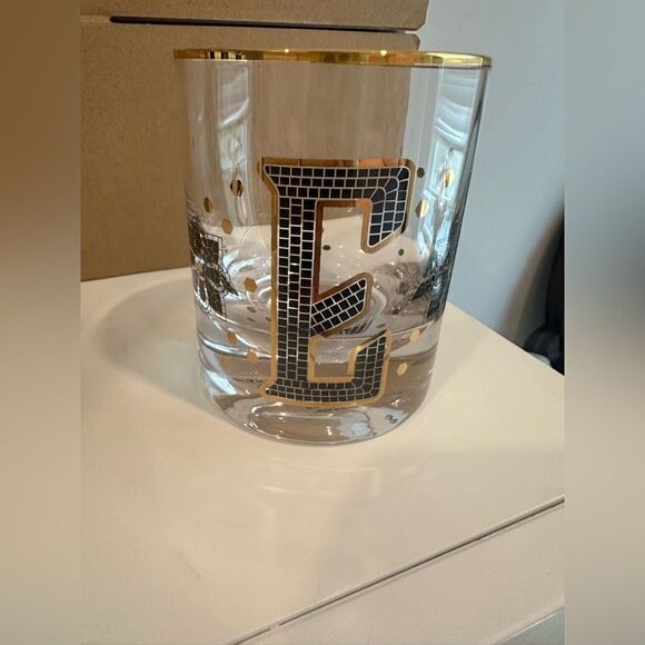 Letter E Anthropologie The Bistro Tile Monogram Old Fashioned Glass Letter E NWT - Picture 7 of 8